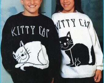 childrens cat sweater KNITTING PATTERN pdf download childs cat motif jumper 4-12 years DK / Light worsted / 8ply yarn