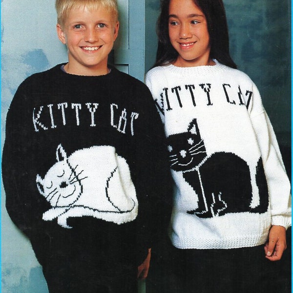childrens cat sweater KNITTING PATTERN pdf download childs cat motif jumper 4-12 years DK / Light worsted / 8ply yarn