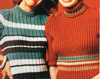 vintage womens sweater knitting pattern pdf ladies rib jumper ribbed striped polo neck 70s 34-40 inch DK light worsted 8ply Instant Download