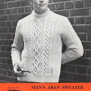 mens aran sweater knitting pattern pdf mens aran jumper crew neck vintage 50s 38-44 inch aran worsted 10ply Instant download