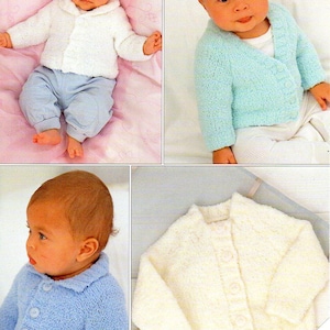May include: Four images of knitted baby cardigans. The cardigans are white, light blue, and a darker blue. The cardigans have a button fastening and a collar. The cardigans are shown on babies.