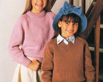 childrens classic sweater KNITTING PATTERN pdf download Double Knit or 4ply childs jumper v or round neck 22-30 inch chest DK or 4ply yarn