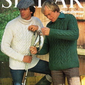 mens aran sweaters knitting pattern PDF mens aran jumpers polo neck crew neck Vintage 70s 38-44 inch chunky bulky 12 ply instant download