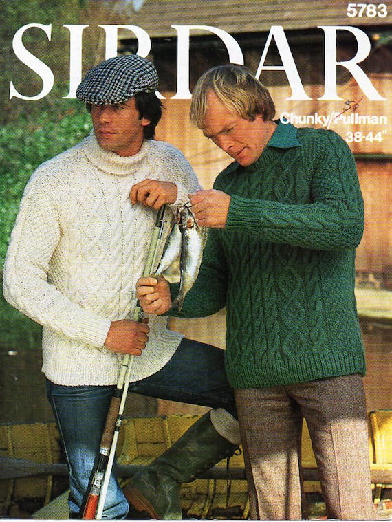 mens aran sweaters knitting pattern PDF mens aran jumpers polo neck crew neck Vintage 70s 38 44 inch chunky bulky 12 ply instant download
