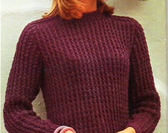 womens sweater knitting pattern pdf DK ladies twisted rib crew neck jumper vintage 70s 36-43 inch DK light worsted 8ply Instant download