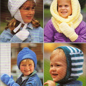 May include: Four children wearing different knitted hats and mittens. The hats are white, yellow, blue, and blue and white striped. The mittens are white, yellow, blue, and blue and white striped.