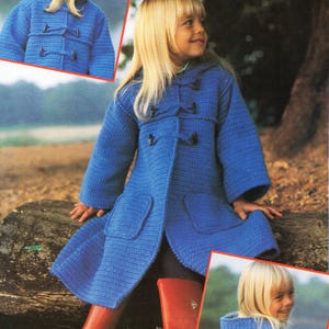 May include: A blue crocheted hooded coat with a toggle closure and pockets. The coat is worn by a young girl with blonde hair and red boots.