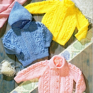 baby childrens aran cardigan KNITTING PATTERN pdf download childs cable hooded jacket collar round neck 18-24 inch Aran / worsted/10ply yarn
