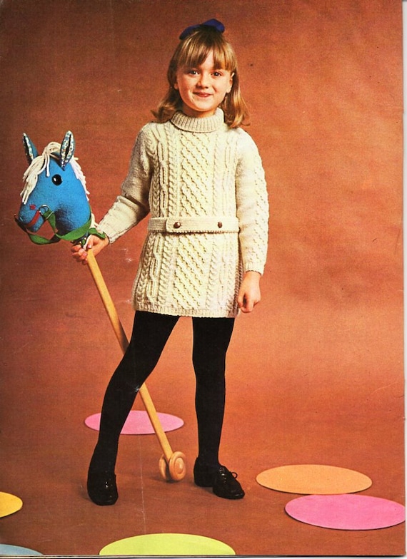 Girls Aran Dress Knitting Pattern PDF Girls Cable Dress Polo Neck