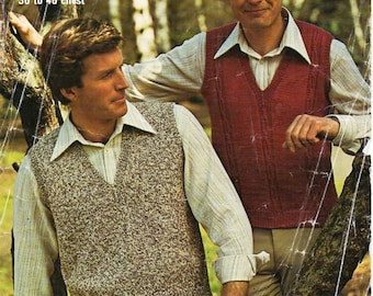 Mens V-Neck Slipover Knitting Pattern, Vintage 70s (36-46 inch) (PDF Pattern)