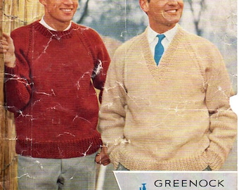 vintage mens classic sweater knitting pattern pdf mens v neck round neck jumper 36-46" chunky bulky 12ply pdf Instant download