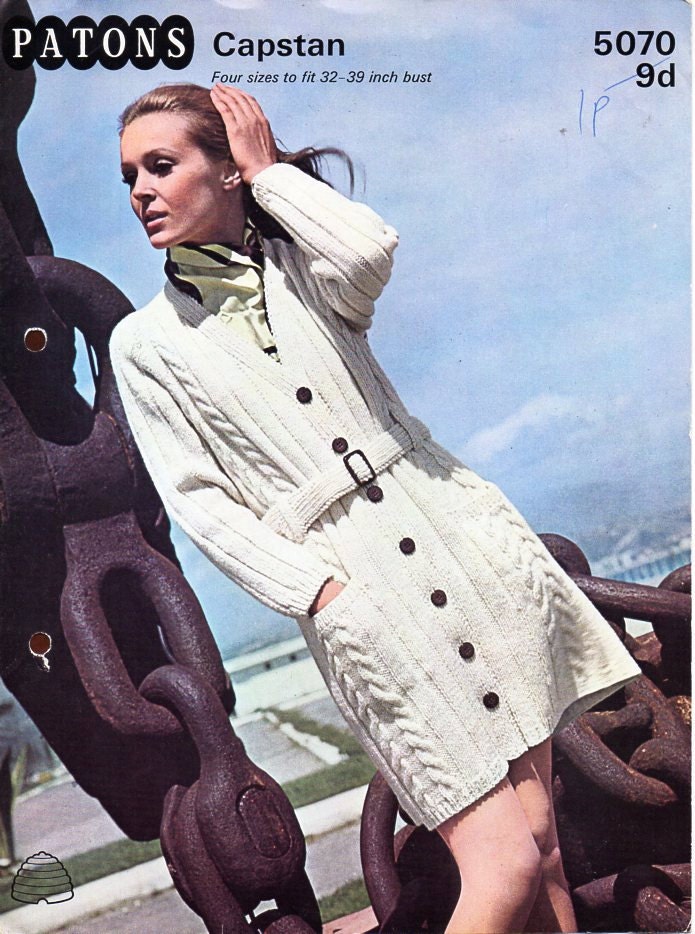 vintage womens aran coat knitting pattern pdf ladies cable coat belted jacket 32-39inch aran worsted 10ply pdf Instant download