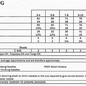 May include: A knitting pattern chart for a top, with measurements in cm and inches. It details chest sizes from 61cm to 86cm, and includes yarn and needle specifications for the project.
