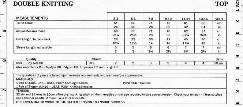 May include: A knitting pattern chart for a top, with measurements in cm and inches. It details chest sizes from 61cm to 86cm, and includes yarn and needle specifications for the project.
