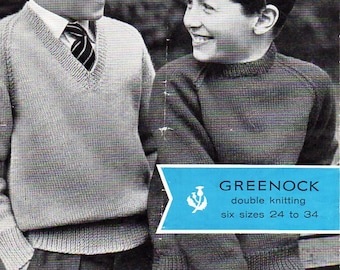 Vintage Boys' V-Neck & Crew Neck Sweater Knitting Pattern (PDF Download)