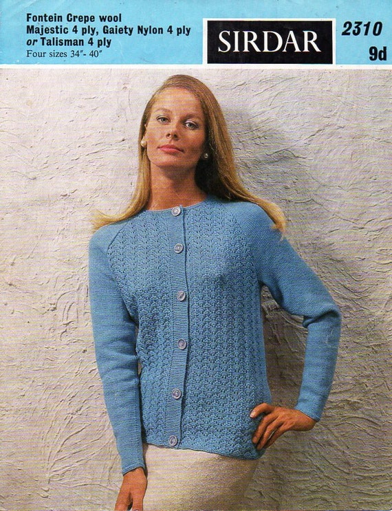 ladies cardigan knitting pattern pdf 4ply womens lacy round neck jacket Vintage 60s 34 40 inch 4ply Fingering Instant Download