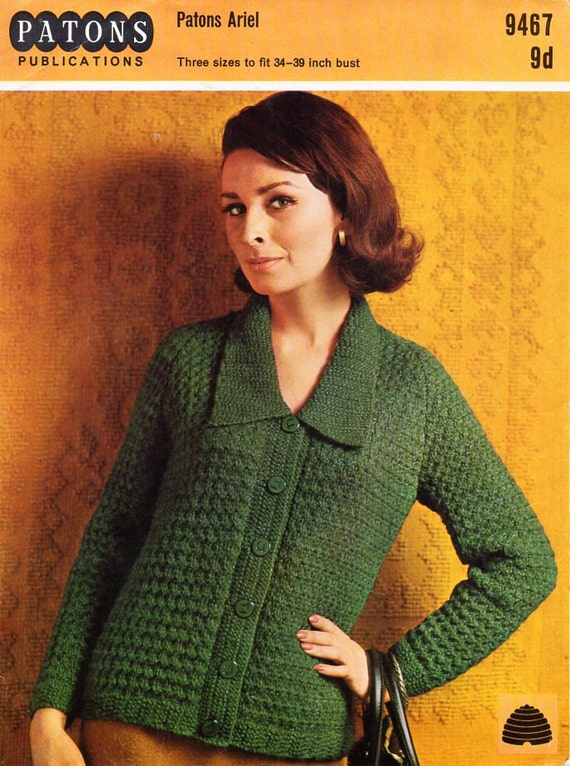 Womens Jacket Knitting Pattern Pdf Chunky Ladies Cardigan With Collar Vintage 60s 34 39 Inch Chunky Bulky 12ply Instant Download