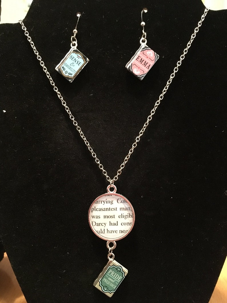Jane Austen Book Charm Necklace and Earrings Jewelry Set