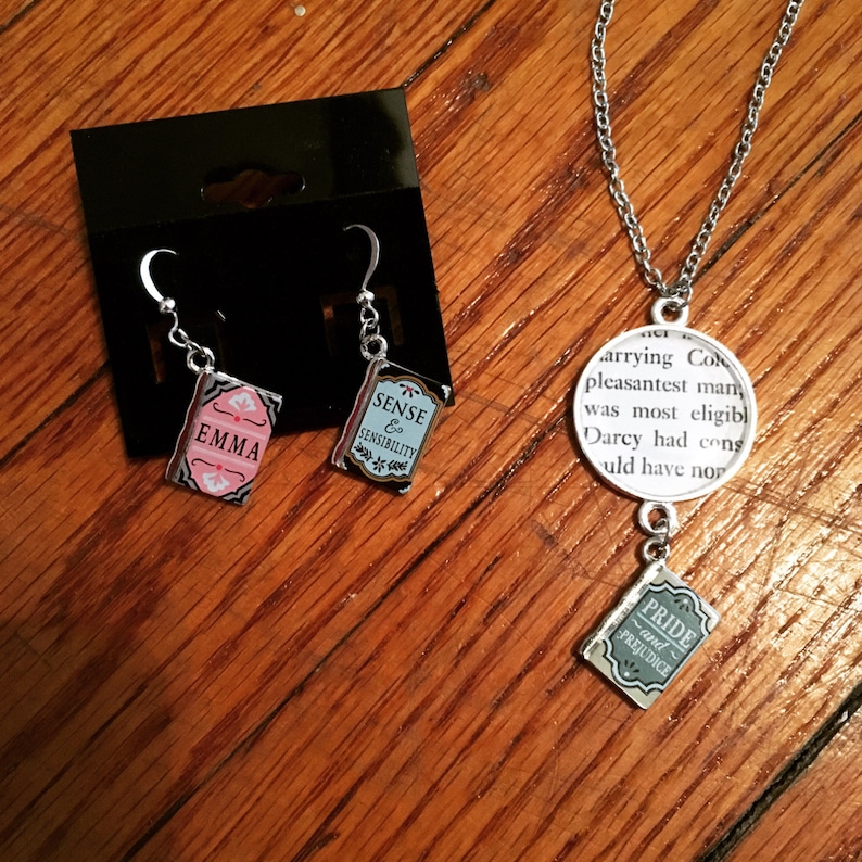 Jane Austen Book Charm Necklace and Earrings Jewelry Set