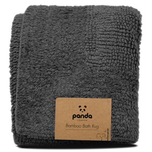 May include: A gray bamboo bath rug with a brown label that says "panda LONDON Bamboo Bath Rug".