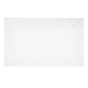 May include: White bath mat made of soft, absorbent material. The mat is rectangular and has a textured surface.