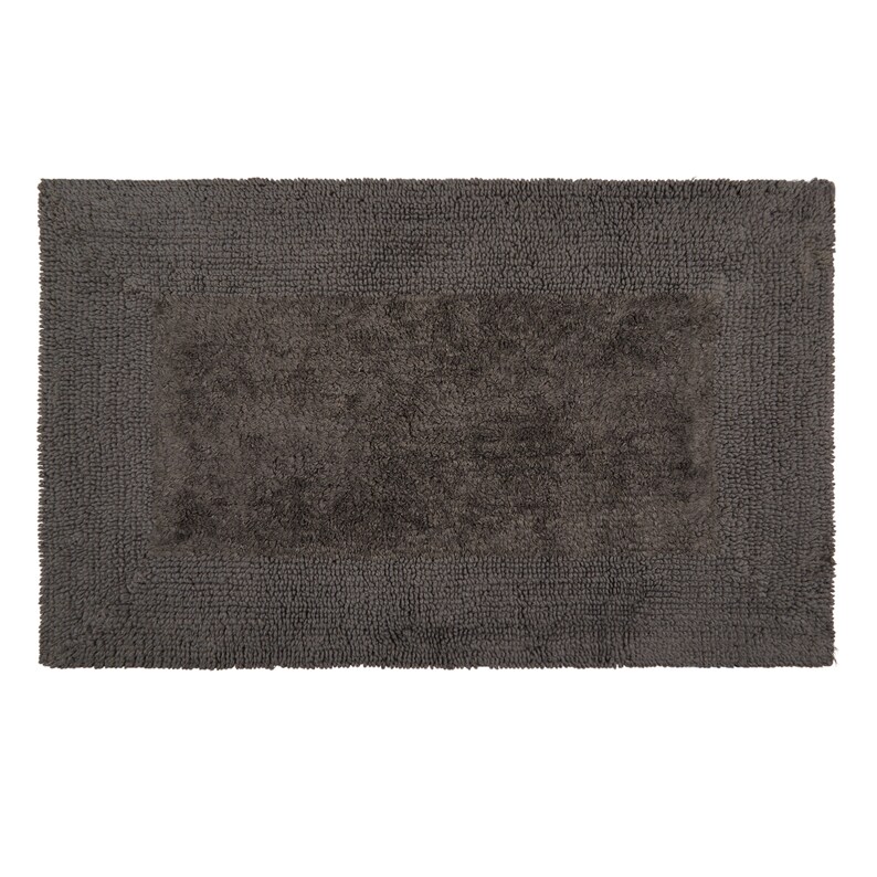 May include: A dark gray bath mat with a slightly lighter gray border.