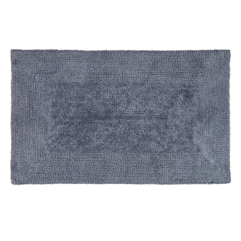 May include: A gray bath mat with a textured surface and a slightly darker border.
