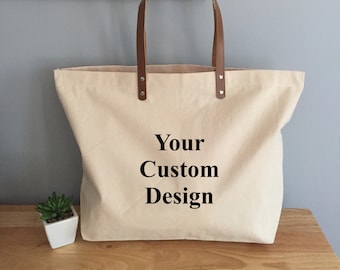 Personalized Custom Design Large Canvas Boat Tote Bag with Leather Handles,  Promotional Tote Bag,  Custom Tote Bag