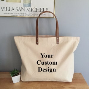 Personalized Custom Design Large Canvas Boat Tote Bag with Leather Handles, Promotional Tote Bag, Custom Tote Bag image 1