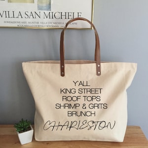 Charleston Girls Weekend Bachelorette Gift Tote with Leather Handles, Girls Trip to Charleston Tote Bag
