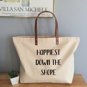 Happiest Down the Shore Large Canvas Tote Bag con manici in pelle, Jersey Shore Weekender Tote Bag
