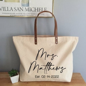 Mrs Last Name With Date Tote Bag, Personalized Bride Bag, Wedding Date ...