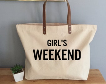 Girl's Weekend Cotton Canvas Tote with Leather Handles, Girl's Weekend Tote Bag