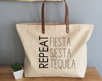 Fiesta Siesta Tequila Cotton Canvas Tote Bag with Leather Handles