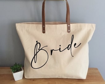 Katoenen draagtas bruid met leren handvatten, bruidscadeau
