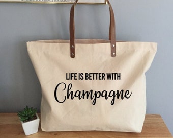 Champagne Lover Canvas Tote Bag with Leather Handles