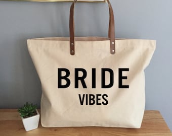 Bride Vibes Weekend Bachelorette Bridal Gift Cotton Canvas Tote with Leather Handles