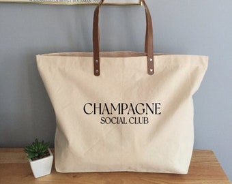 Champagne Social Club Tote Bag, Leather Handles, Cotton Canvas