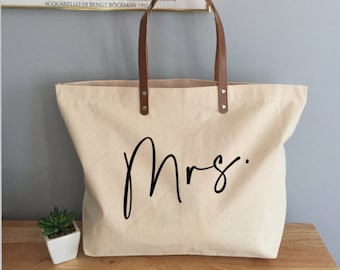 Mrs. Bridal Engagement Gift Cotton Canvas Tote with Leather Handles, Mrs. Tote Bag Bridal Shower Gift