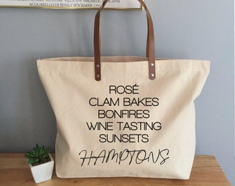 Hamptons Girls Weekend Bachelorette Gift Tote with Leather Handles, Girls Trip to Hamptons Tote Bag