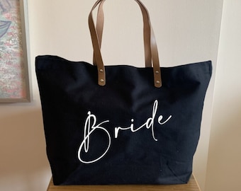 Canvas draagtas bruid met leren hengsels, cadeau vrijgezellenfeest