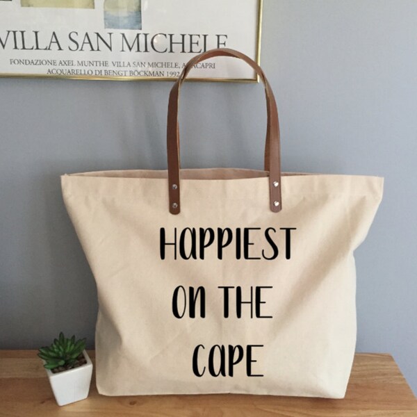 Happiest on the Cape Large Canvas Tote Bag with Leather Handles, Cape Cod Weekender Girls Tote Bag