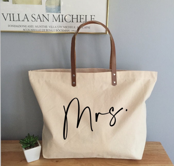 Mrs. Bridal Engagement Gift Cotton Canvas Tote With Leather - Etsy