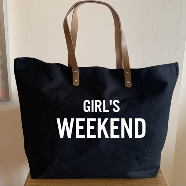 Girl's Weekend Cotton Canvas Tote with Leather Handles, Girl's Weekend Tote Bag
