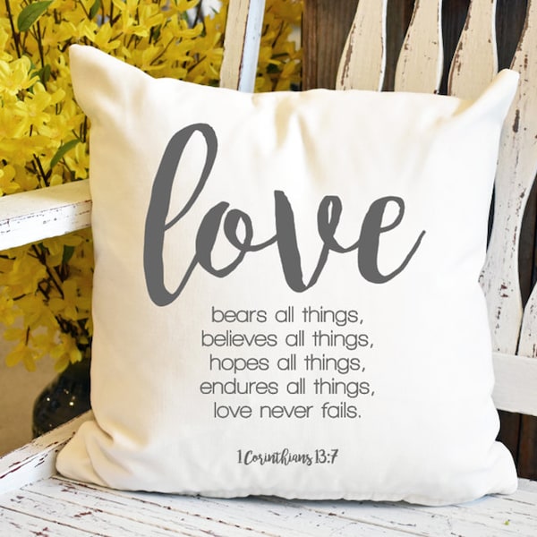 Love Bears All Things Pillow, Religious Pillow, Bible Verse, Corinthians, Religious Decor, Love Quote, Love Pillow, Wedding Gift, Engagement