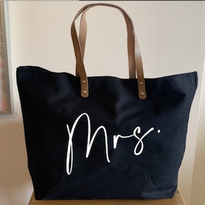 Mrs. Bridal Engagement Gift Cotton Canvas Tote with Leather Handles, Mrs. Tote Bag Bridal Shower Gift