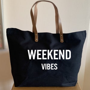 Weekend Vibes Fun Girls Gift Cotton Canvas Tote with Leather Handles