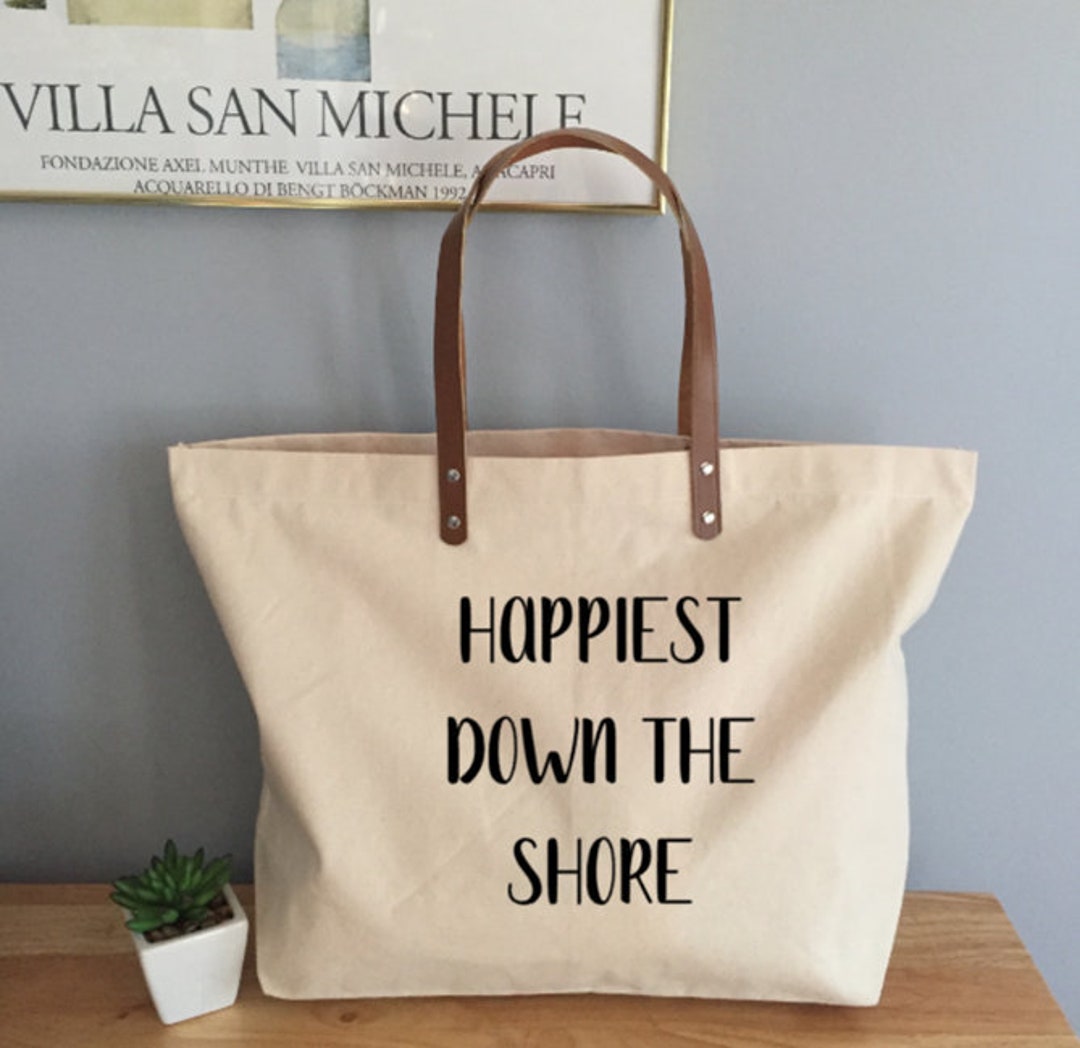 Happiest Down the Shore Large Canvas Tote Bag With Leather 