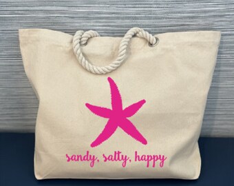 Sandy Salty Happy Tote Bag, Sandy Salty Happy Beach Tote, Starfish Rope Tote Beach Bag, Oversized Tote Bag