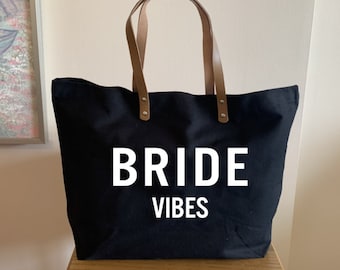 Bride Vibes Weekend Bachelorette Bridal Gift Cotton Canvas Tote with Leather Handles